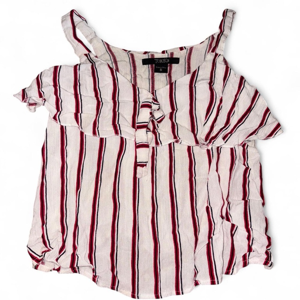 Red and White Striped Blouse with Ruffle Detail